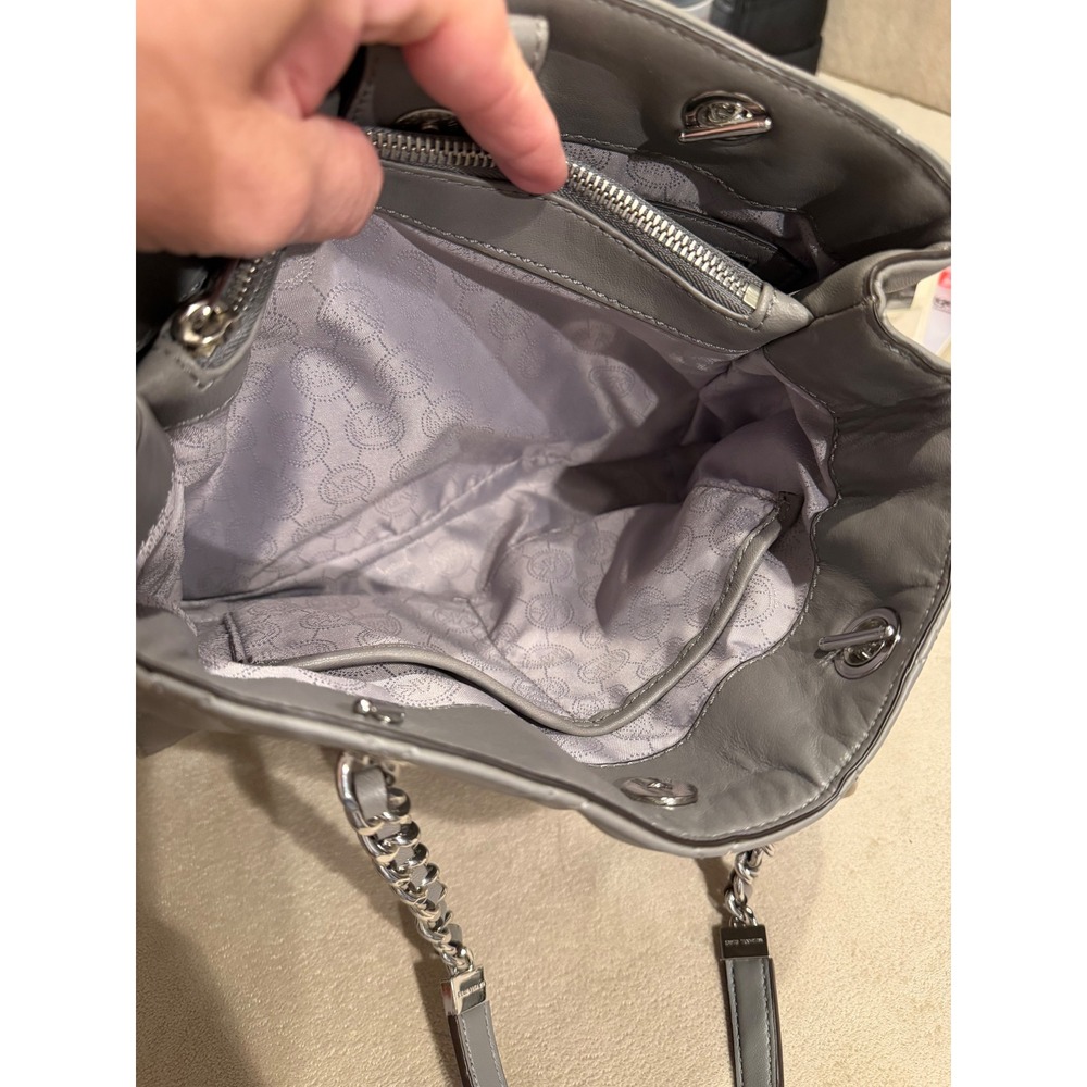 Michael Kors Susannah Quilted Leather Tote Bag Grey Silver Hardware Shoulder Bag - Picture 10 of 11